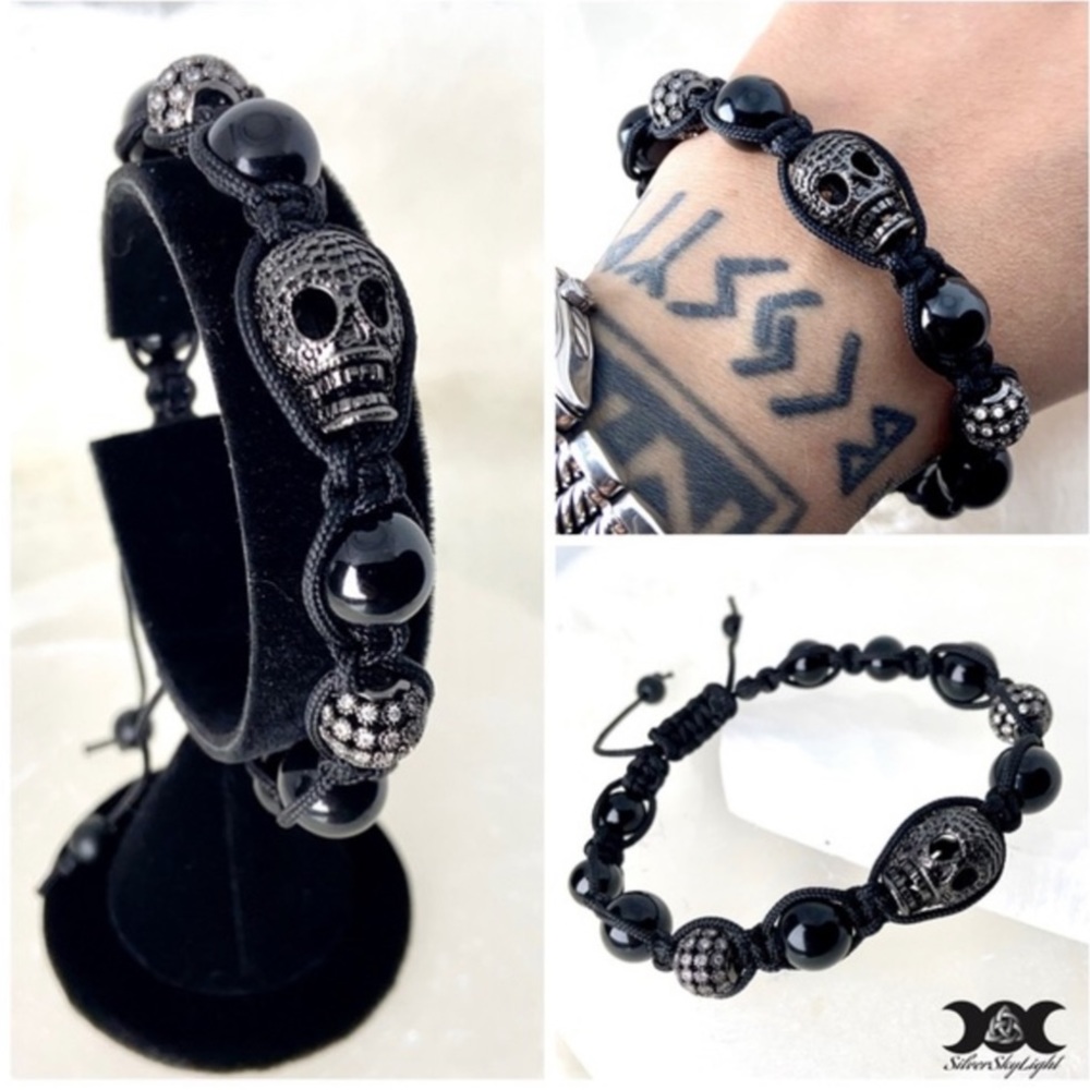 Men or women Rock chic black rodhium & cz skull onyx macrame bracelet
